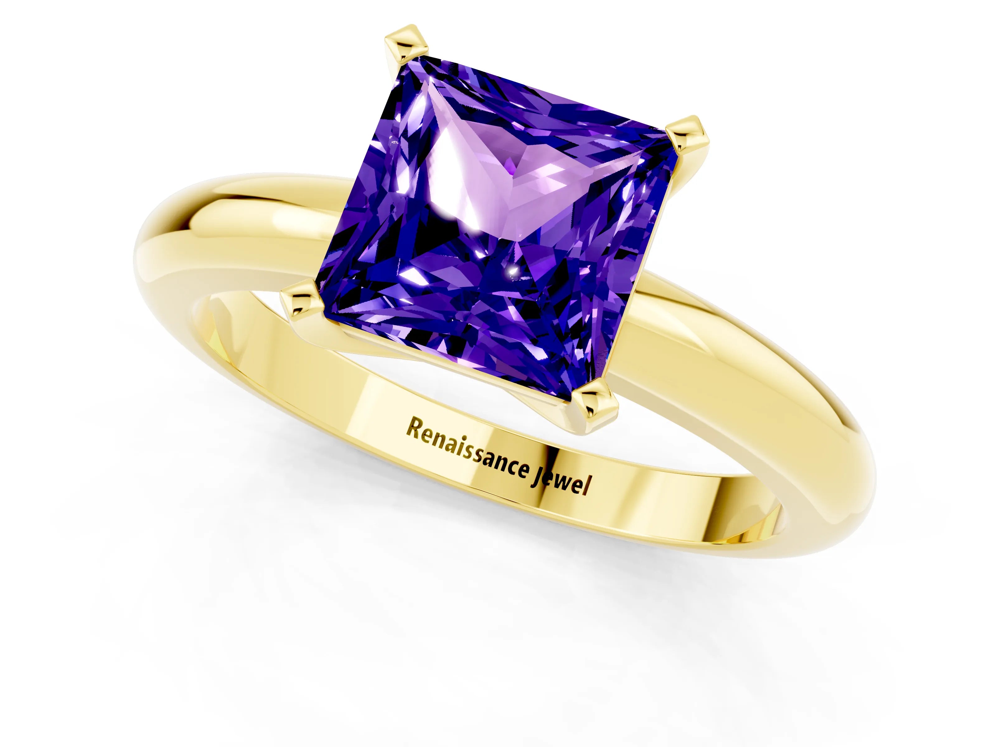 Yellow gold Princess Cut Tanzanite Solitaire Engagement Ring with Round Band and Four-Prong Setting_1