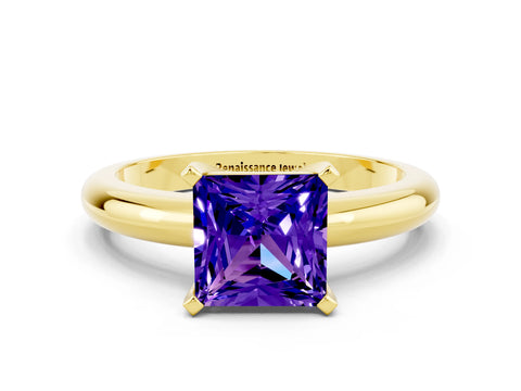Yellow gold Princess Cut Tanzanite Solitaire Engagement Ring with Round Band and Four-Prong Setting