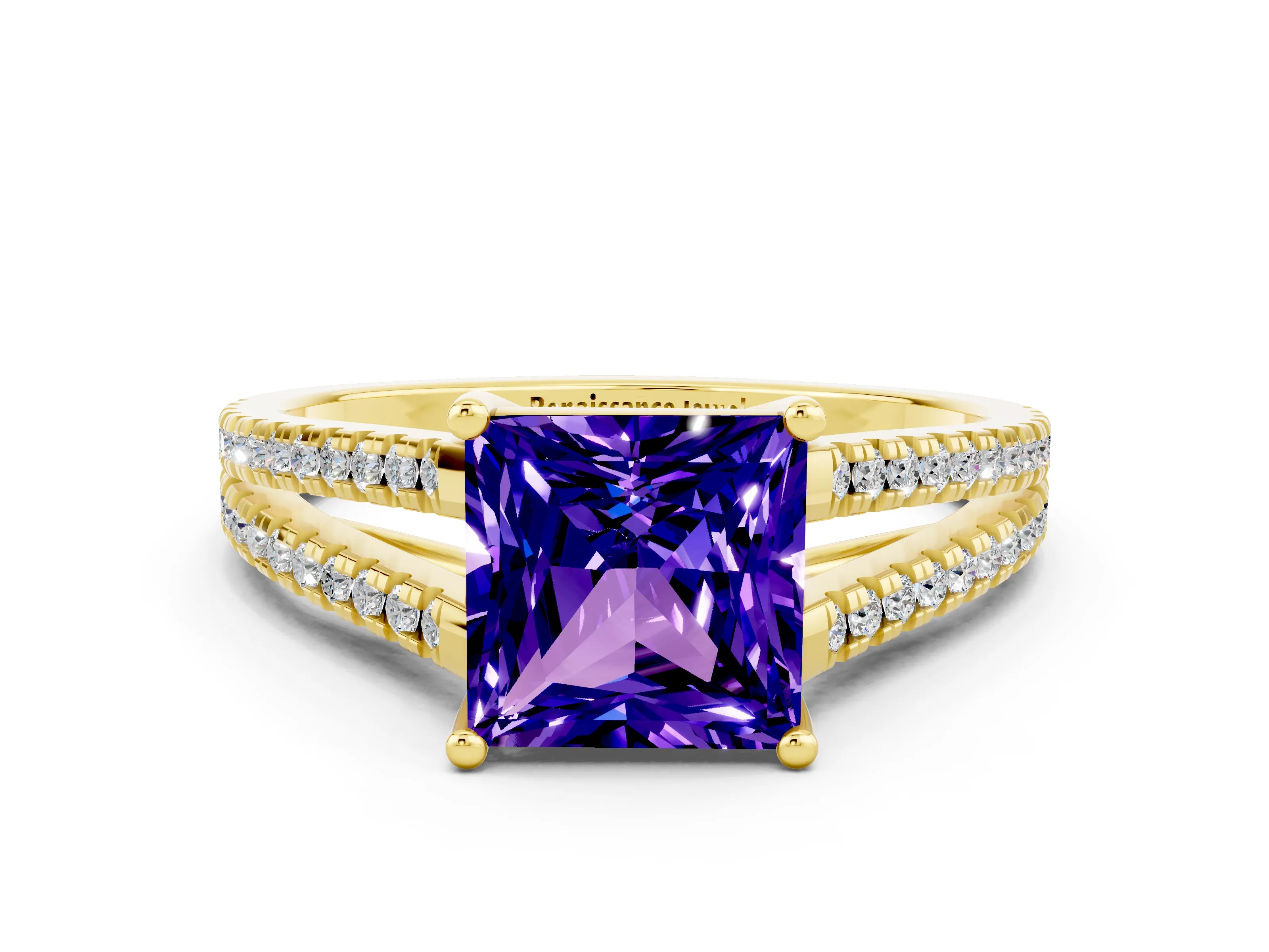 Yellow gold Princess Cut Tanzanite Solitaire Engagement Ring with Split Shank Pavé Band