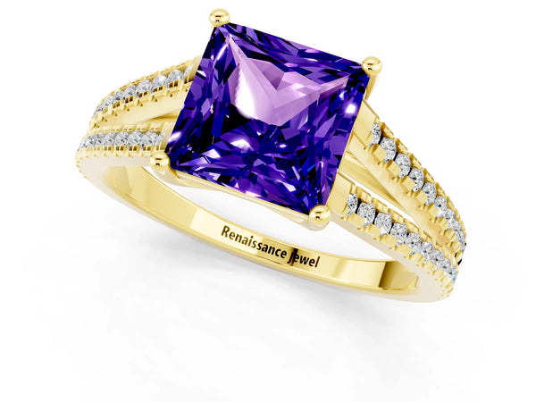 Yellow gold Princess Cut Tanzanite Solitaire Engagement Ring with Split Shank Pavé Band