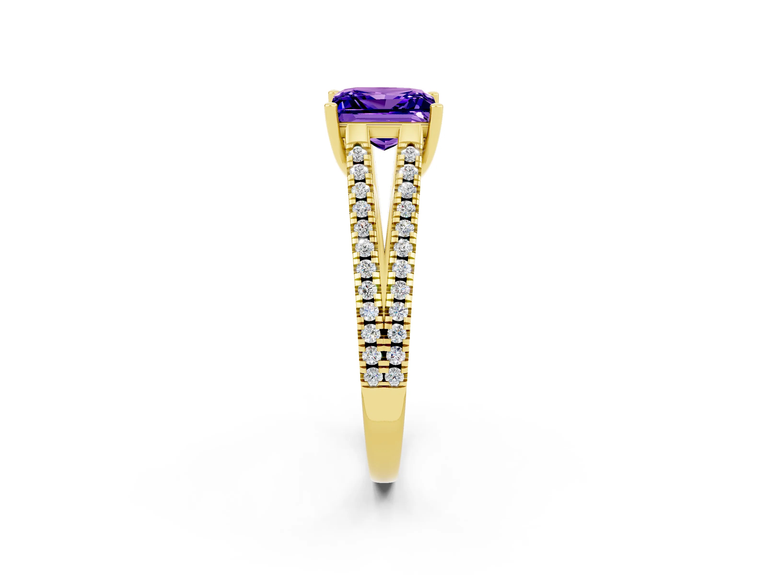 Yellow gold Princess Cut Tanzanite Solitaire Engagement Ring with Split Shank Pavé Band_2