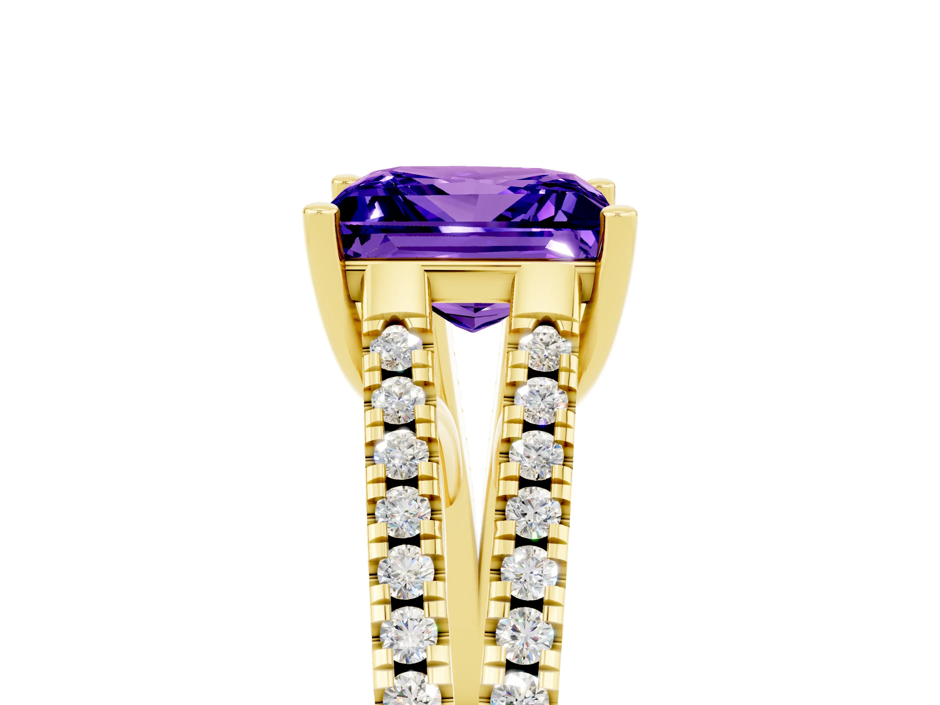 Yellow gold Princess Cut Tanzanite Solitaire Engagement Ring with Split Shank Pavé Band_5