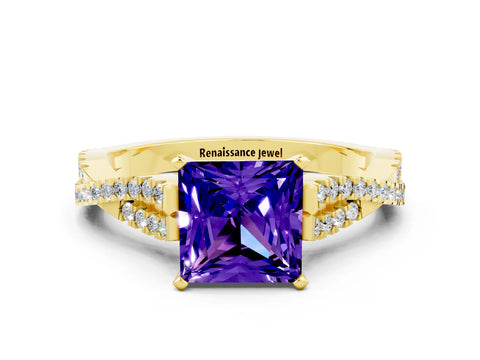 Yellow gold Princess Cut Tanzanite Solitaire Engagement Ring with Twisted Pavé Band and Four-Prong Setting_12