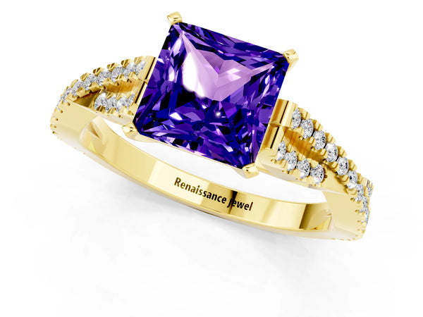 Yellow gold Princess Cut Tanzanite Solitaire Engagement Ring with Twisted Pavé Band and Four-Prong Setting