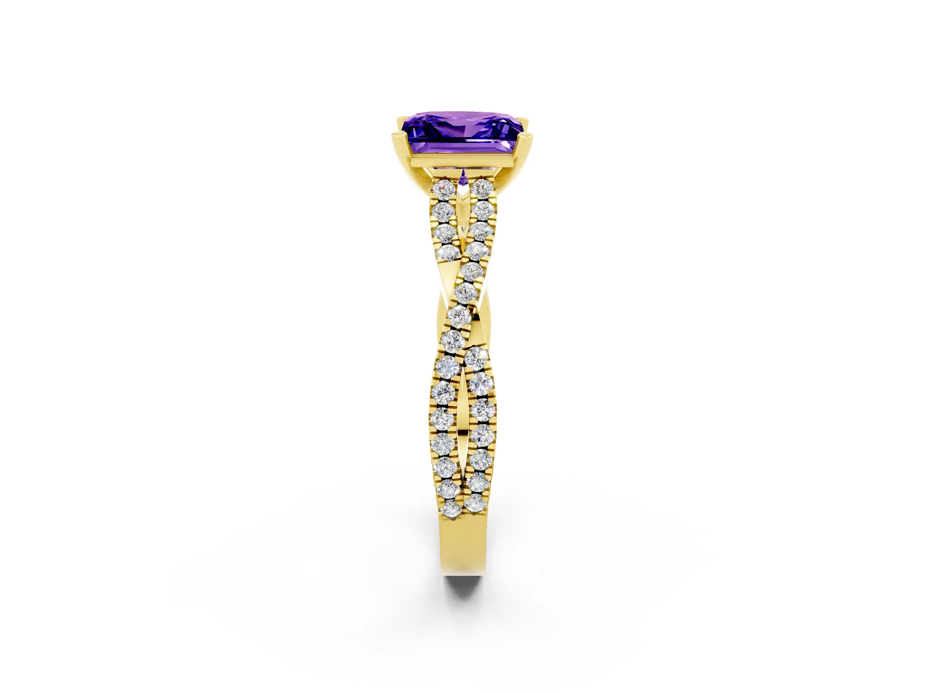 Yellow gold Princess Cut Tanzanite Solitaire Engagement Ring with Twisted Pavé Band and Four-Prong Setting_14