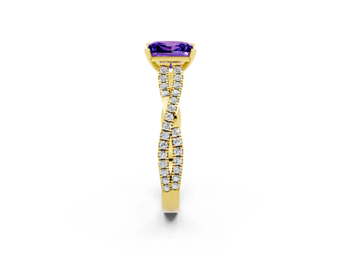 Yellow gold Princess Cut Tanzanite Solitaire Engagement Ring with Twisted Pavé Band and Four-Prong Setting_14