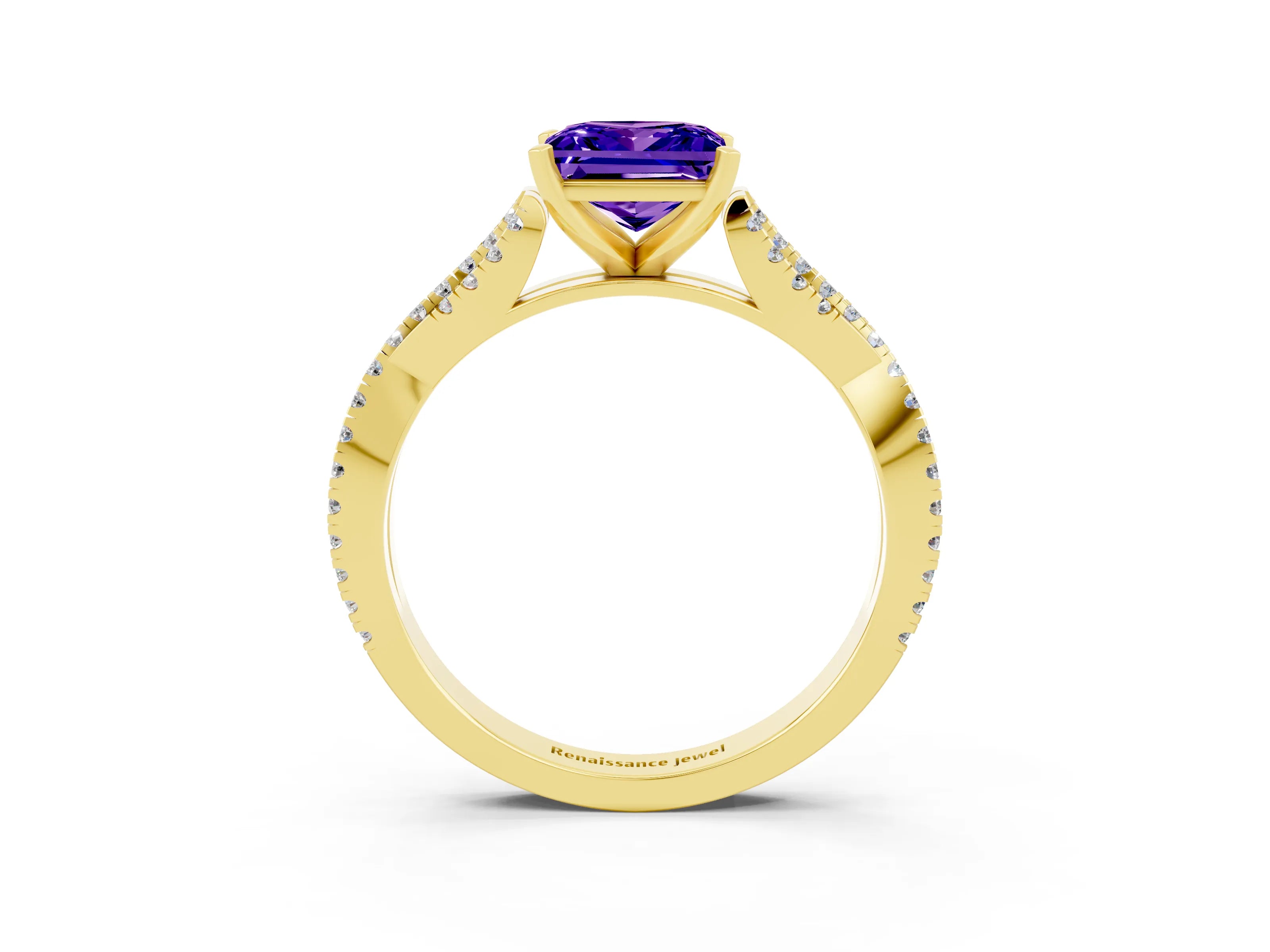 Yellow gold Princess Cut Tanzanite Solitaire Engagement Ring with Twisted Pavé Band and Four-Prong Setting_15