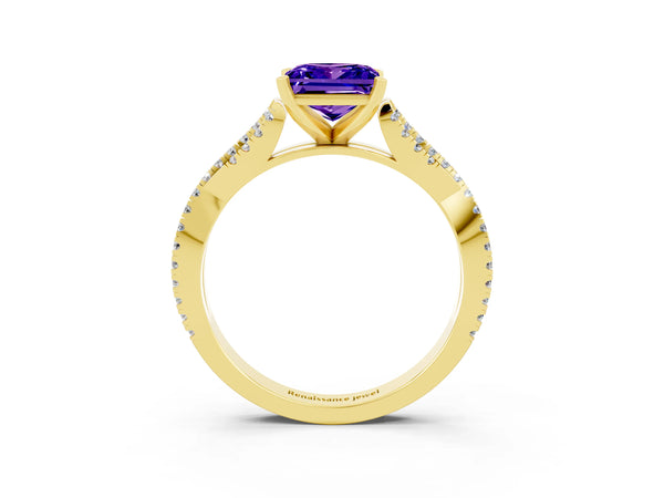 Yellow gold Princess Cut Tanzanite Solitaire Engagement Ring with Twisted Pavé Band and Four-Prong Setting