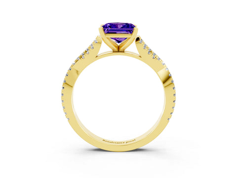 Yellow gold Princess Cut Tanzanite Solitaire Engagement Ring with Twisted Pavé Band and Four-Prong Setting_15