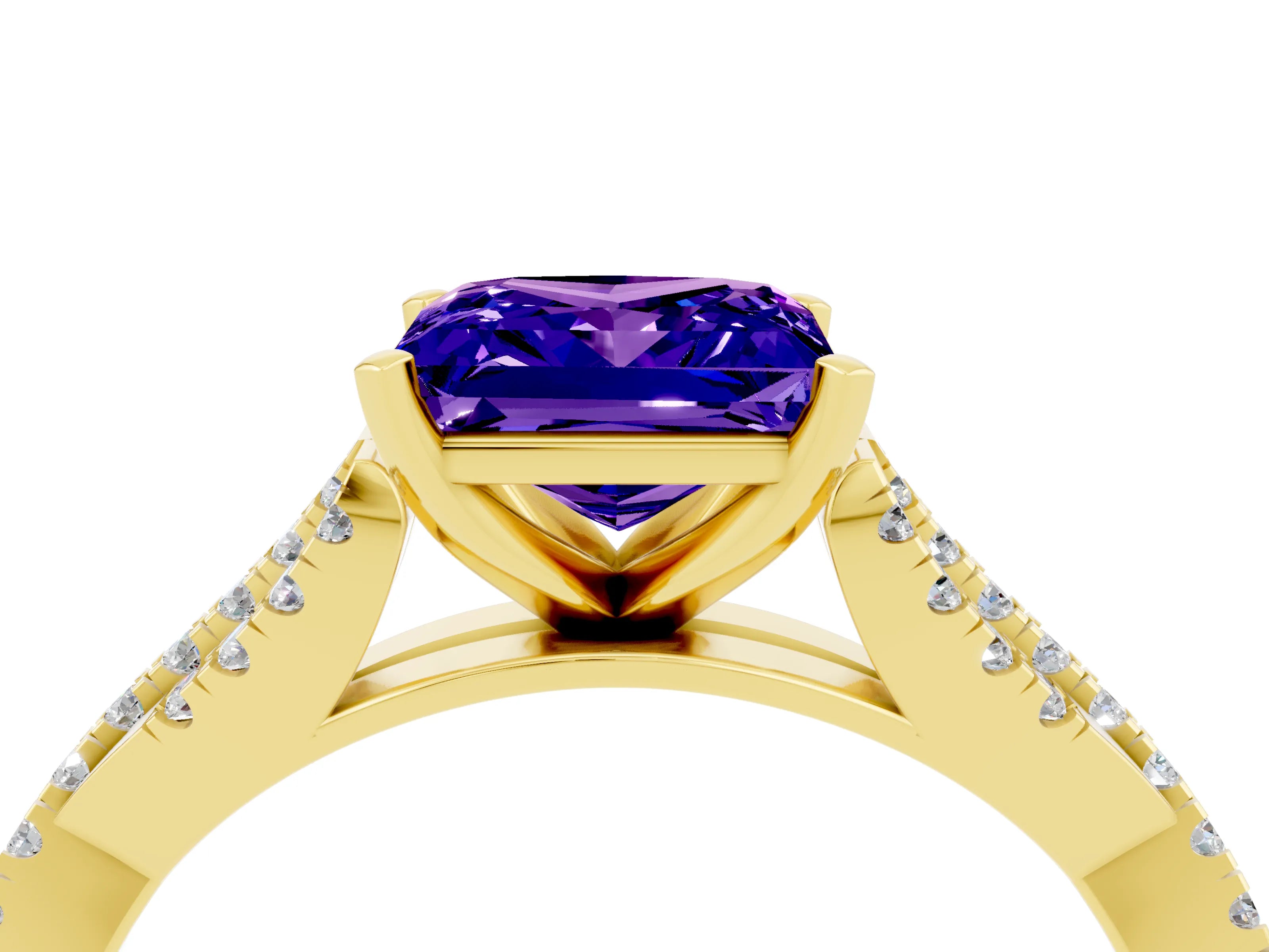 Yellow gold Princess Cut Tanzanite Solitaire Engagement Ring with Twisted Pavé Band and Four-Prong Setting_16