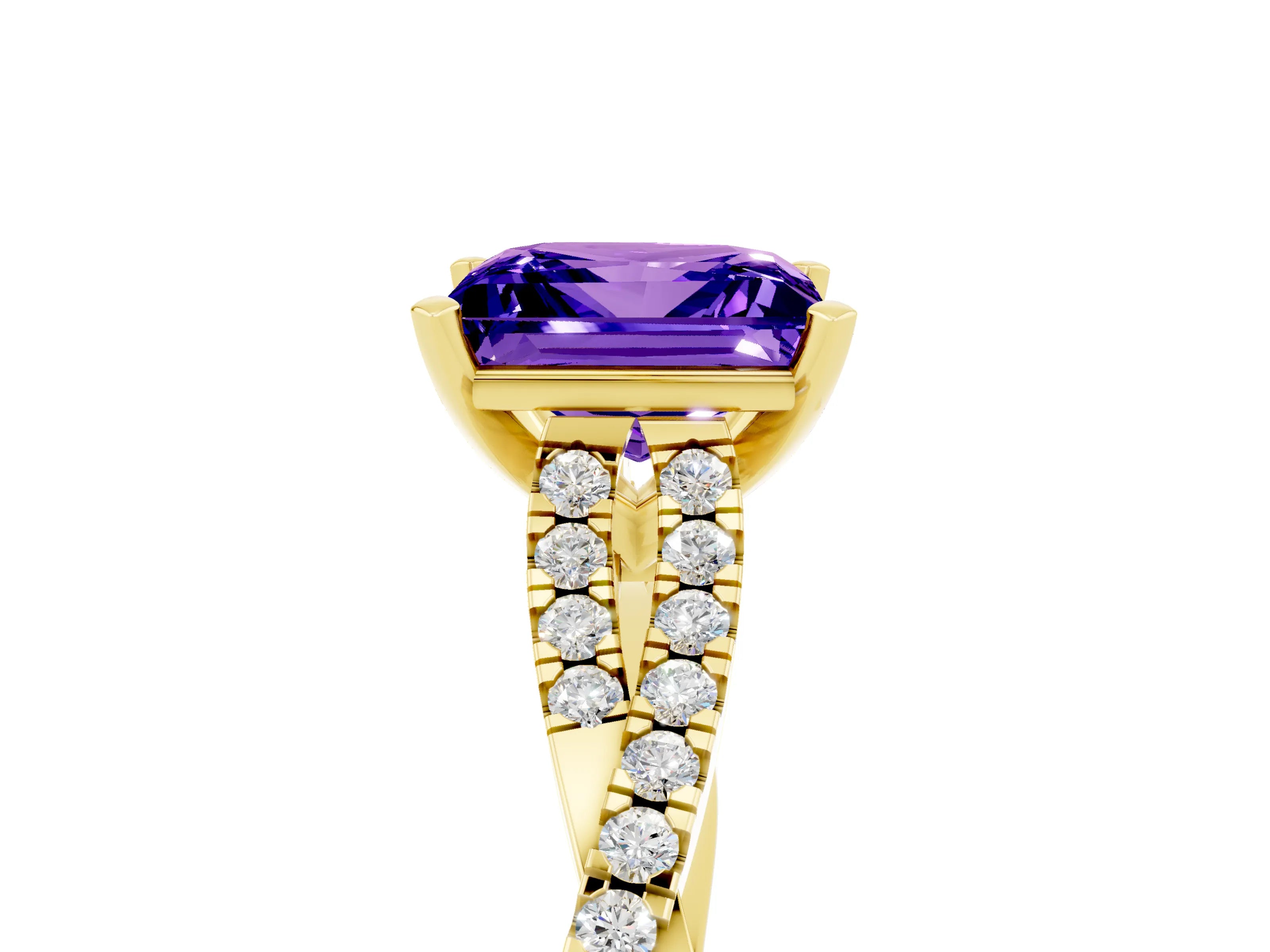 Yellow gold Princess Cut Tanzanite Solitaire Engagement Ring with Twisted Pavé Band and Four-Prong Setting_17