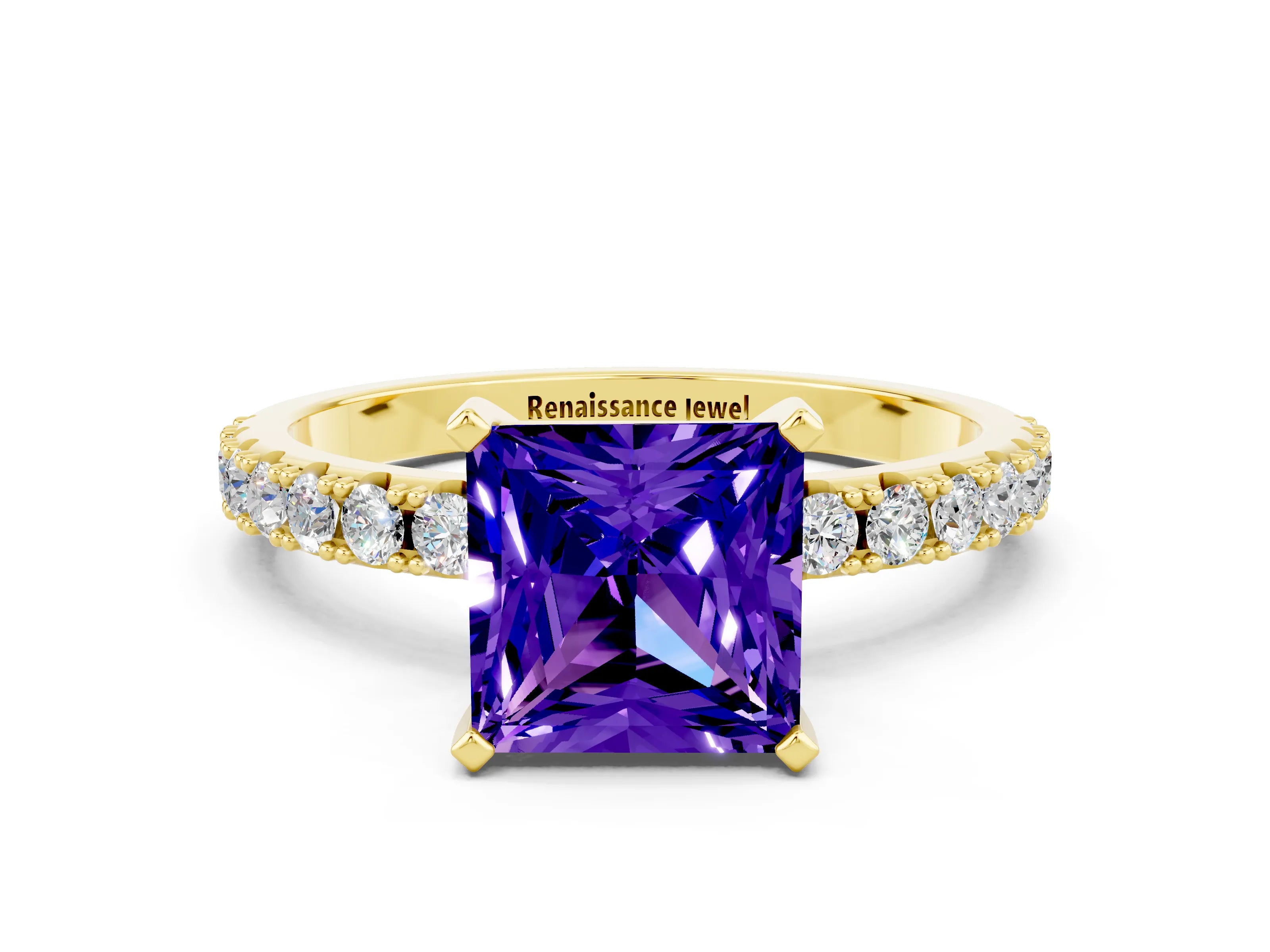 Yellow gold Princess Cut Tanzanite Solitaire Pavé Band with Four-Prong Setting