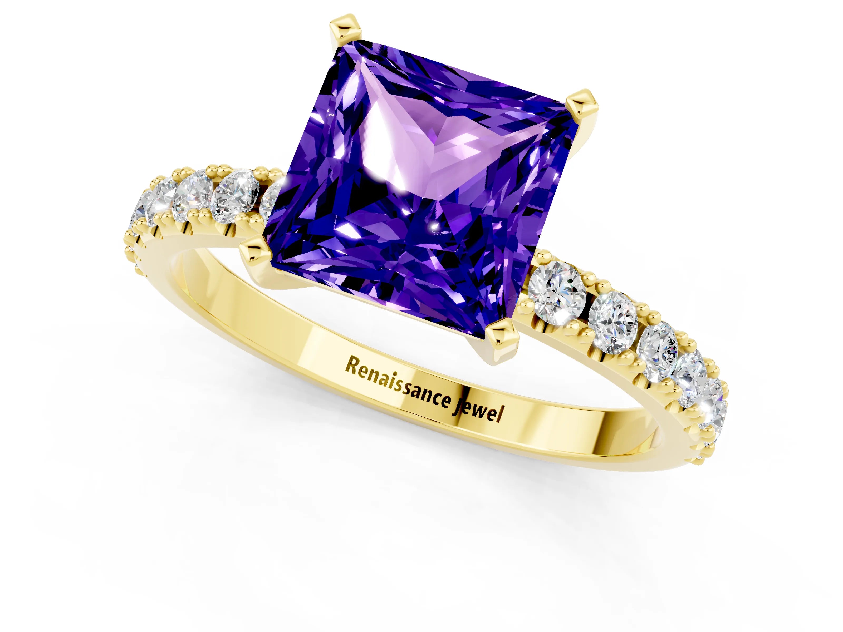 Yellow gold Princess Cut Tanzanite Solitaire Pavé Band with Four-Prong Setting_1