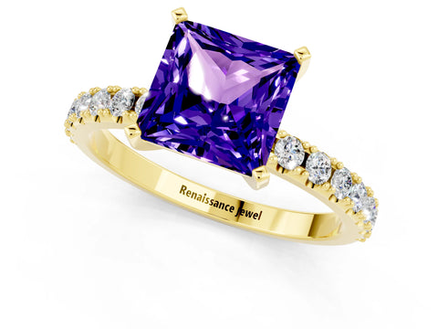 Yellow gold Princess Cut Tanzanite Solitaire Pavé Band with Four-Prong Setting_1