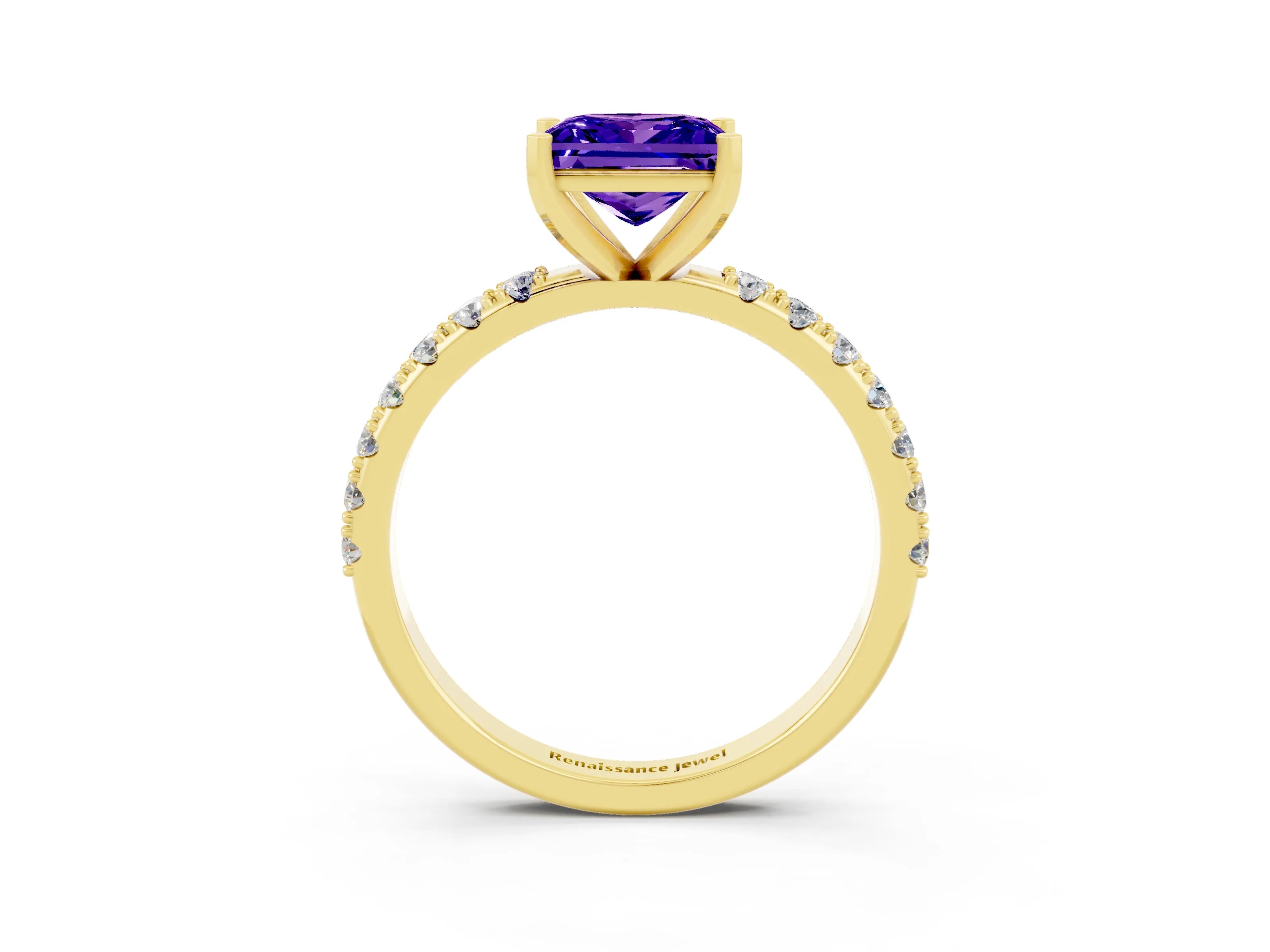 Yellow gold Princess Cut Tanzanite Solitaire Pavé Band with Four-Prong Setting_3