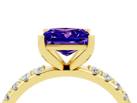Yellow gold Princess Cut Tanzanite Solitaire Pavé Band with Four-Prong Setting_4