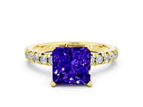 Yellow gold Princess Cut Tanzanite Solitaire Pavé Engagement Ring with Round Band and Prong Setting_67
