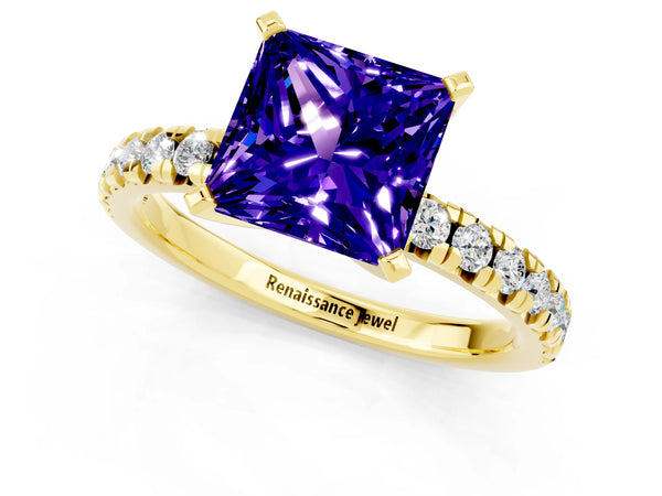 Yellow gold Princess Cut Tanzanite Solitaire Pavé Engagement Ring with Round Band and Prong Setting