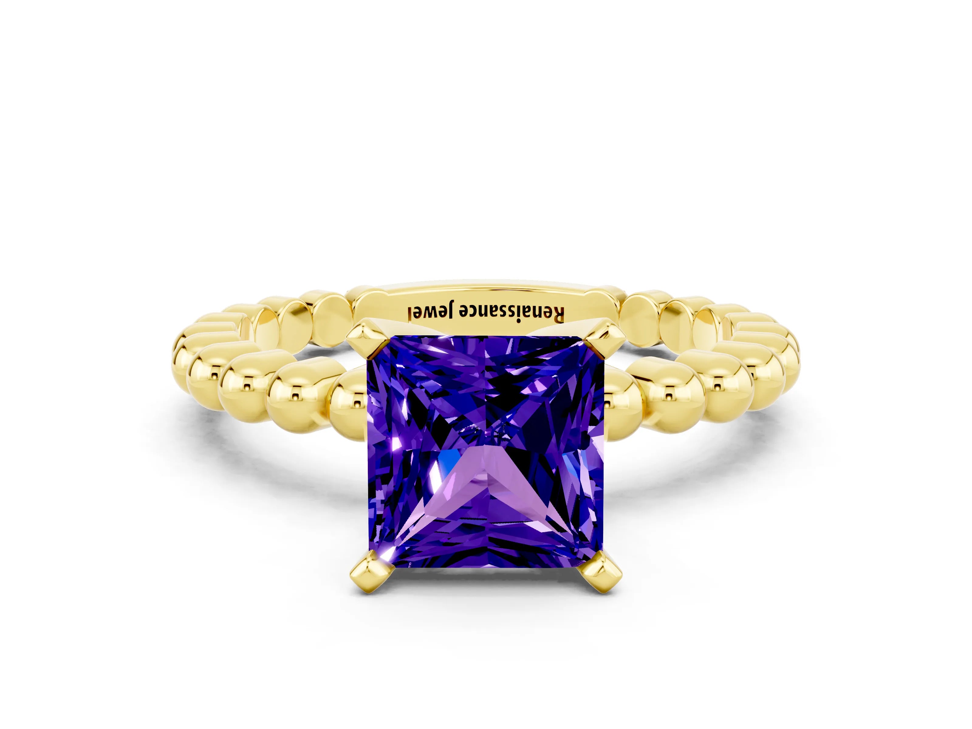 Yellow gold Princess Cut Tanzanite Solitaire Ring with Beaded Band and Prong Setting