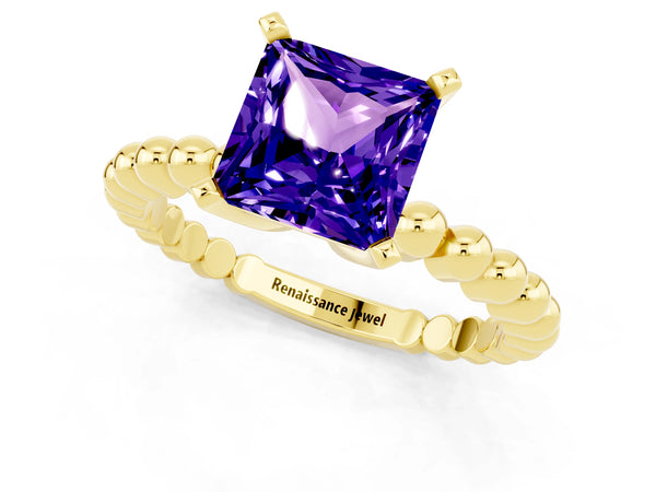 Yellow gold Princess Cut Tanzanite Solitaire Ring with Beaded Band and Prong Setting