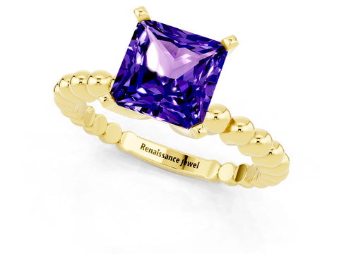 Yellow gold Princess Cut Tanzanite Solitaire Ring with Beaded Band and Prong Setting_1