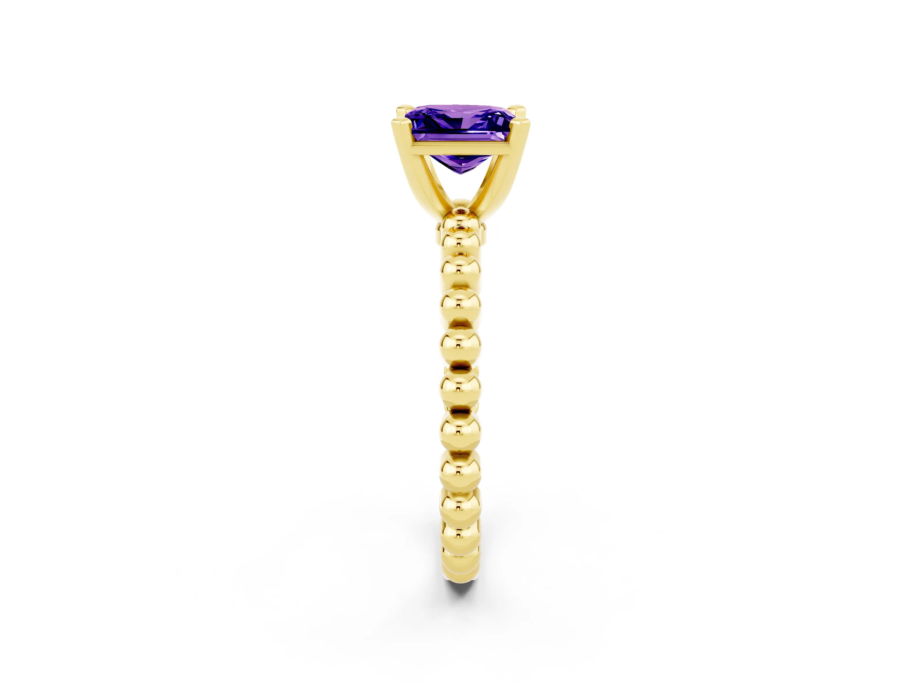 Yellow gold Princess Cut Tanzanite Solitaire Ring with Beaded Band and Prong Setting_2