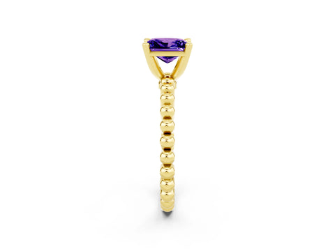 Yellow gold Princess Cut Tanzanite Solitaire Ring with Beaded Band and Prong Setting_2