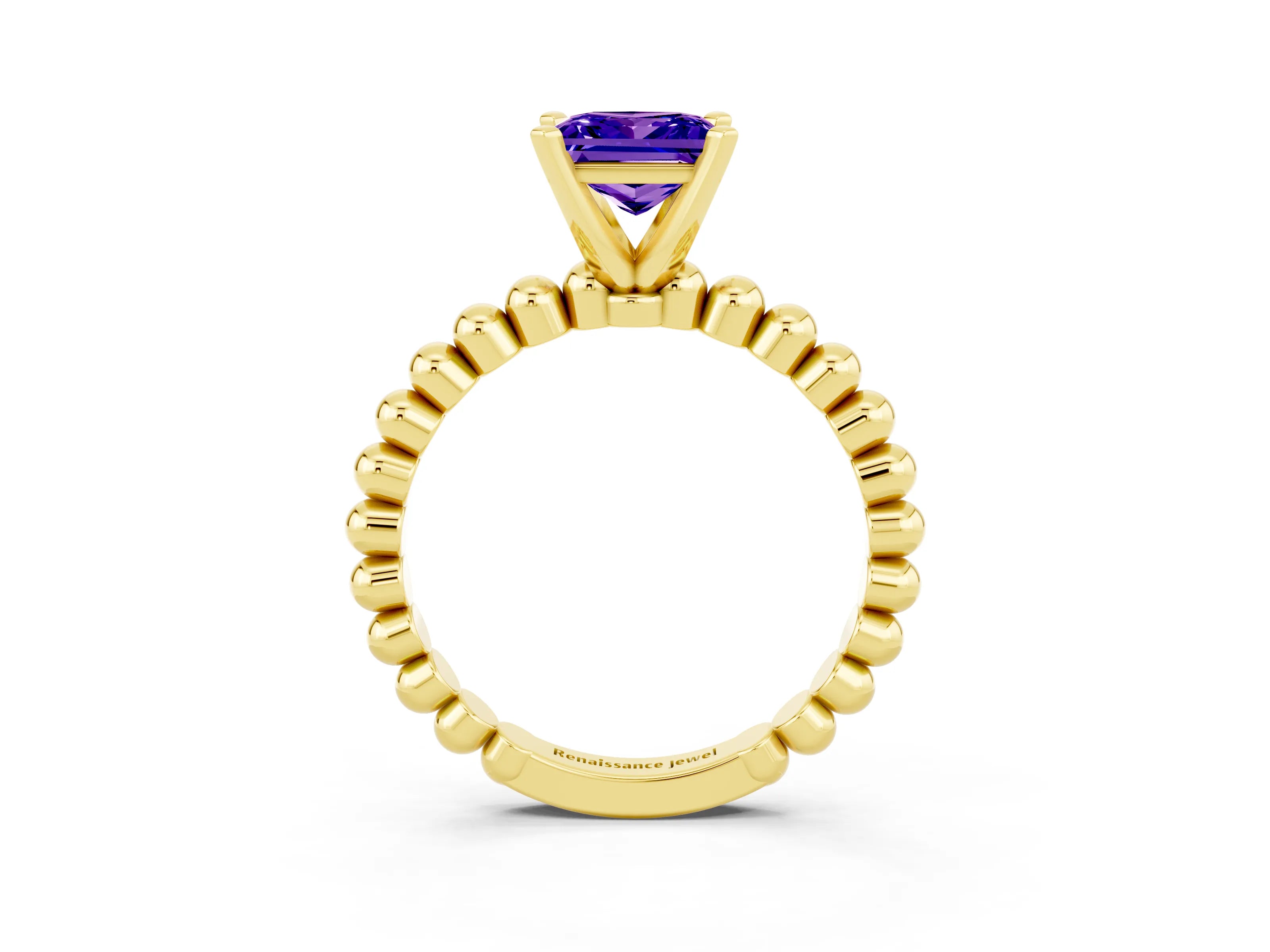 Yellow gold Princess Cut Tanzanite Solitaire Ring with Beaded Band and Prong Setting_3