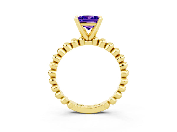 Yellow gold Princess Cut Tanzanite Solitaire Ring with Beaded Band and Prong Setting