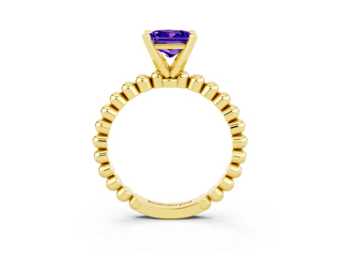 Yellow gold Princess Cut Tanzanite Solitaire Ring with Beaded Band and Prong Setting_3