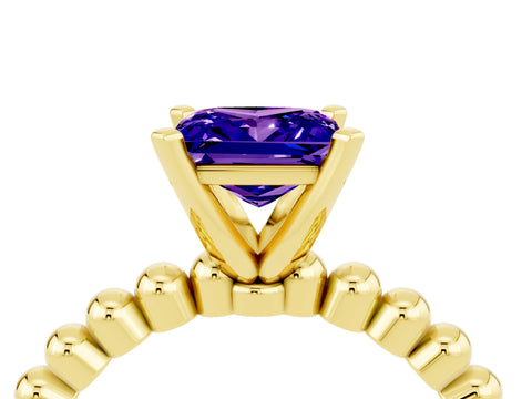 Yellow gold Princess Cut Tanzanite Solitaire Ring with Beaded Band and Prong Setting_4
