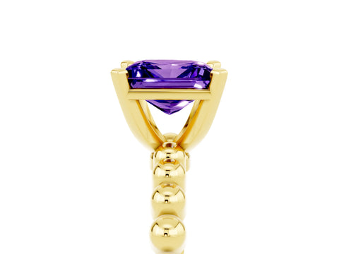 Yellow gold Princess Cut Tanzanite Solitaire Ring with Beaded Band and Prong Setting_5