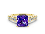 Yellow gold Princess Cut Tanzanite Solitaire Ring with Cathedral Setting and Pavé Band