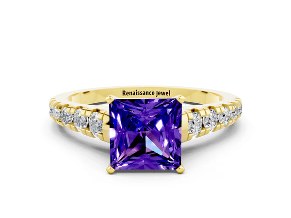 Yellow gold Princess Cut Tanzanite Cathedral Solitaire Ring with Round  Pavé Band