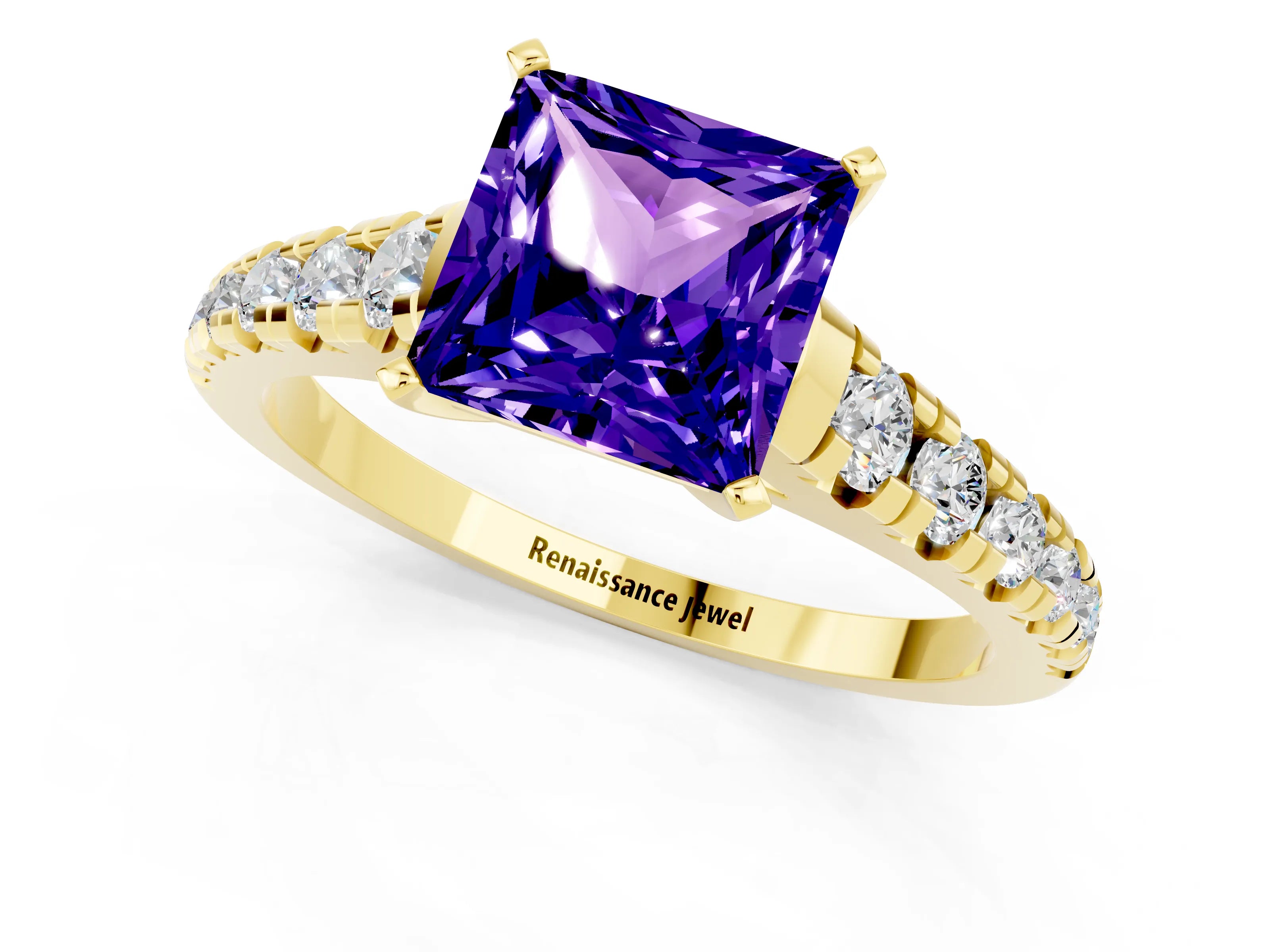Yellow gold Princess Cut Tanzanite Solitaire Ring with Cathedral Setting and Pavé Band_1
