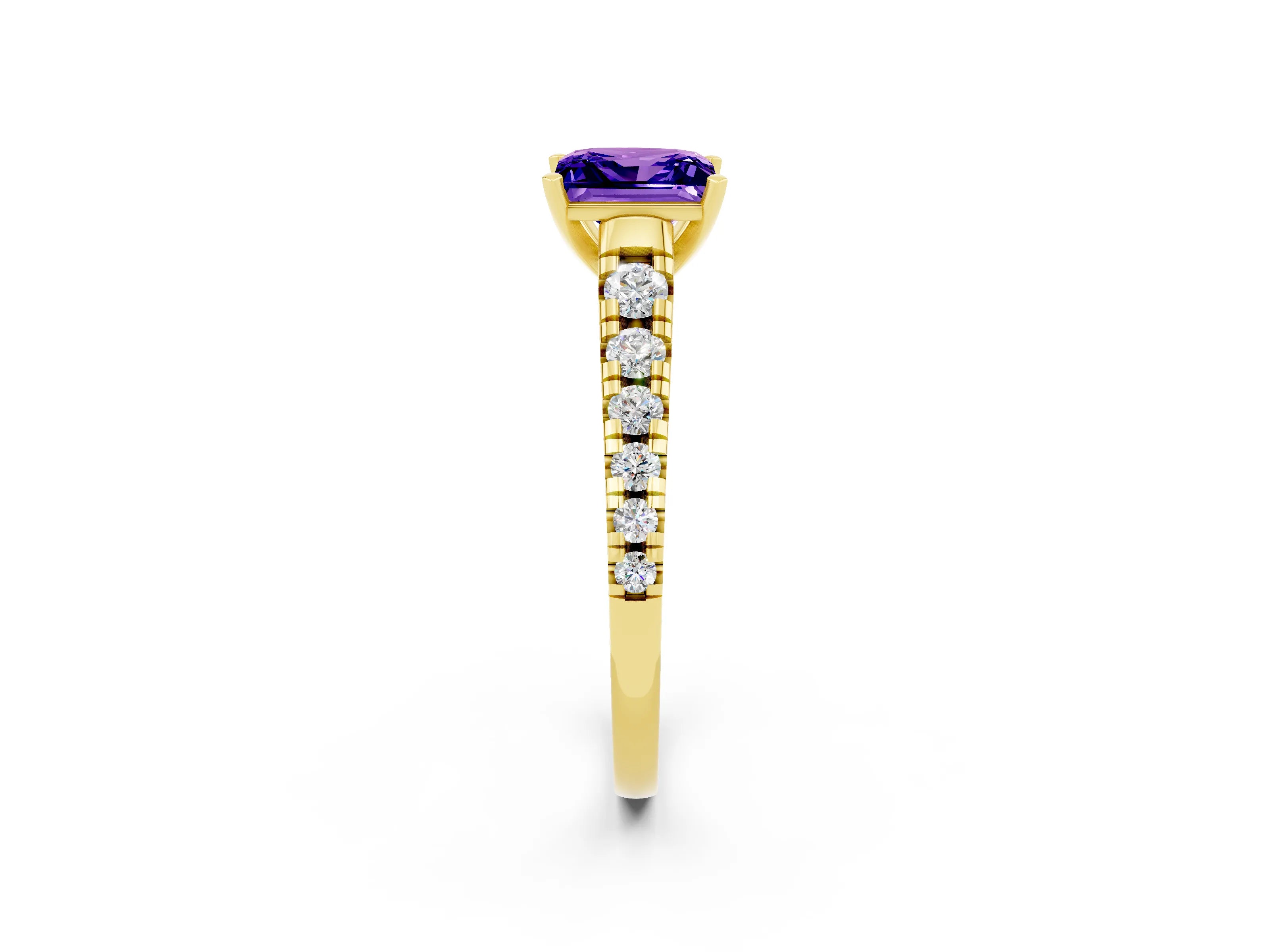Yellow gold Princess Cut Tanzanite Solitaire Ring with Cathedral Setting and Pavé Band_2