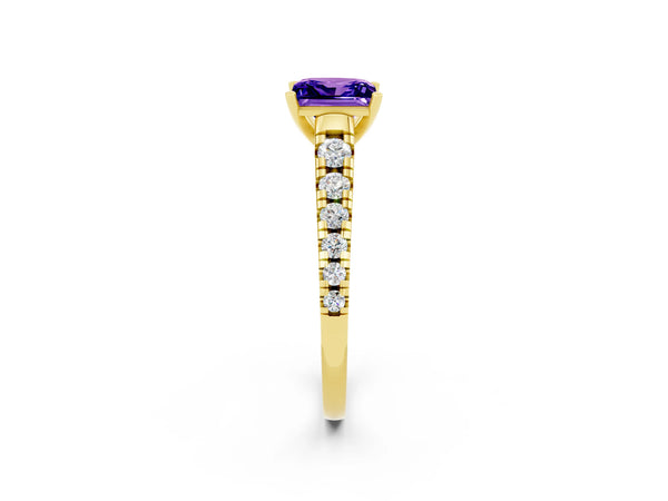 Yellow gold Princess Cut Tanzanite Cathedral Solitaire Ring with Round  Pavé Band