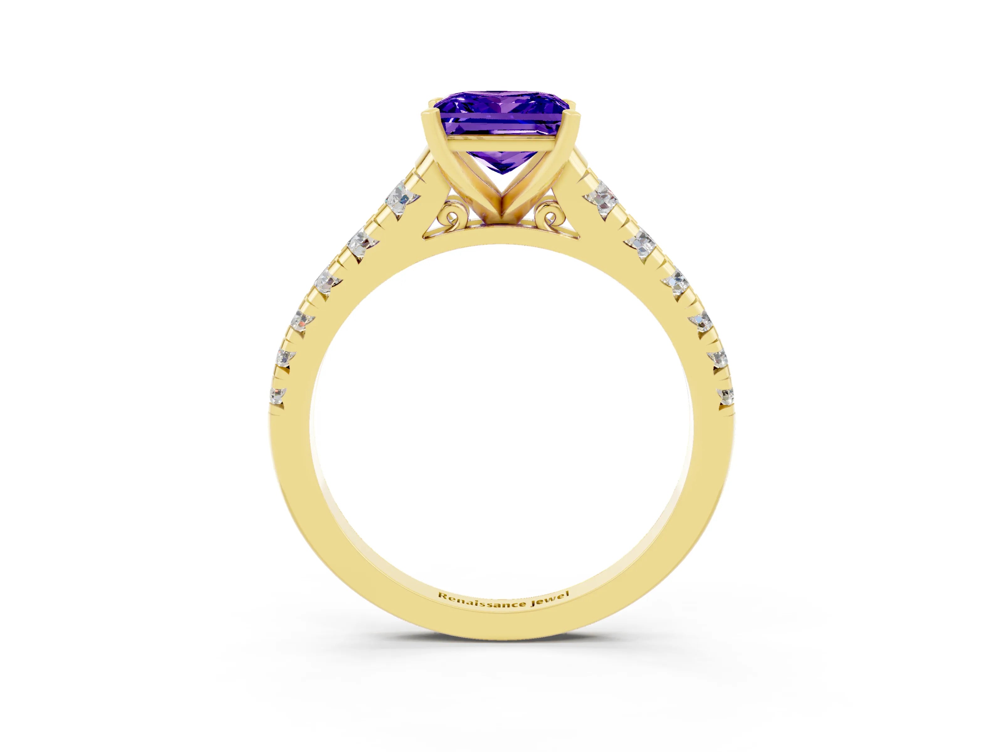 Yellow gold Princess Cut Tanzanite Solitaire Ring with Cathedral Setting and Pavé Band_3