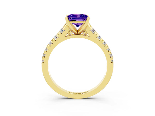 Yellow gold Princess Cut Tanzanite Cathedral Solitaire Ring with Round  Pavé Band