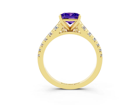 Yellow gold Princess Cut Tanzanite Solitaire Ring with Cathedral Setting and Pavé Band_3