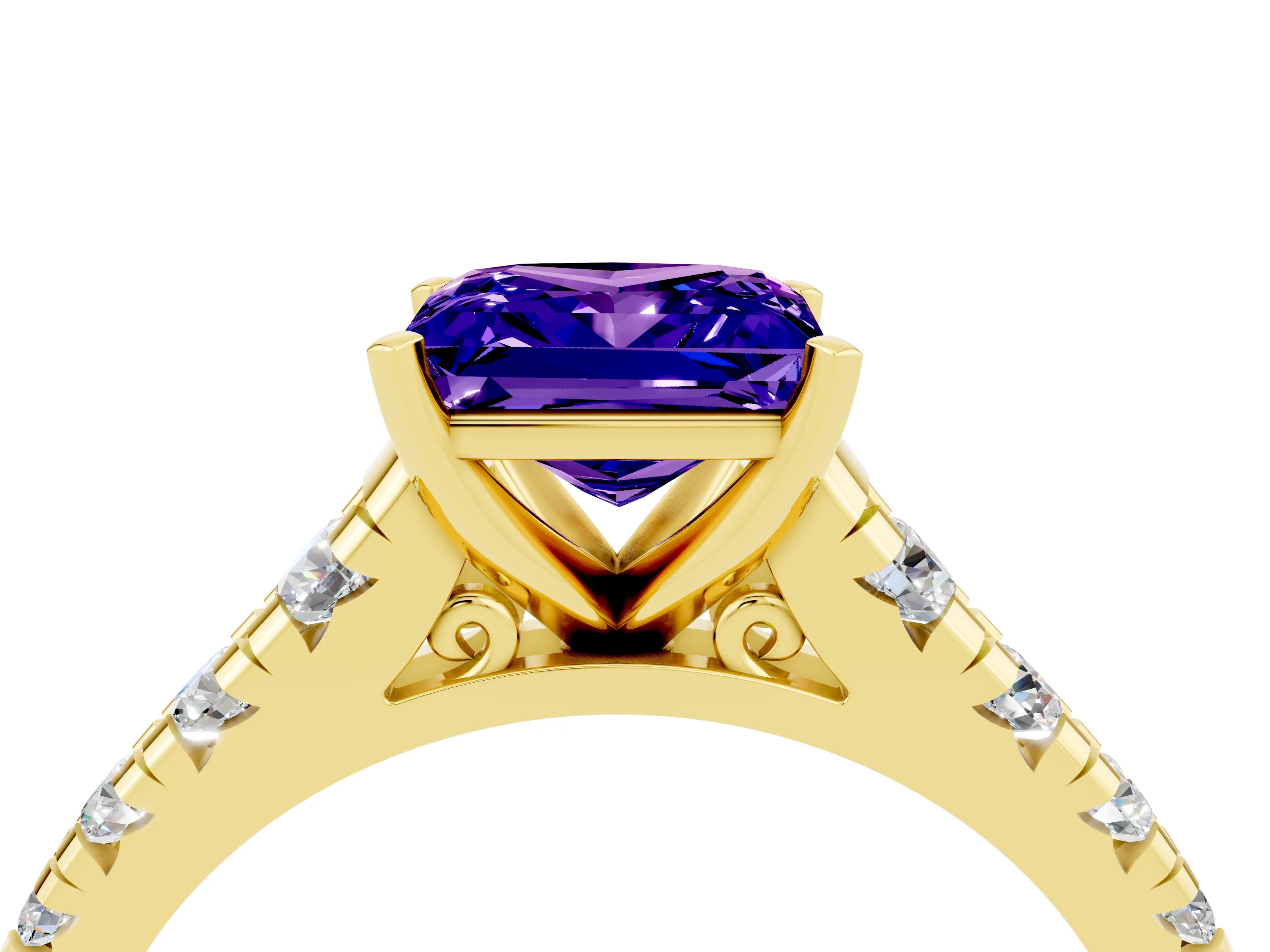 Yellow gold Princess Cut Tanzanite Solitaire Ring with Cathedral Setting and Pavé Band_4