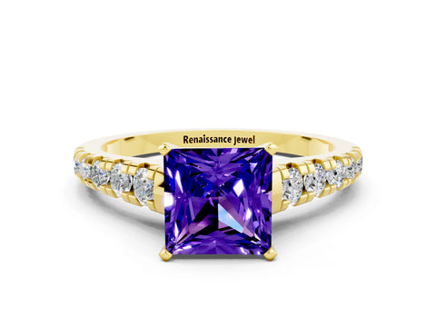 Yellow gold Princess Cut Tanzanite Solitaire Ring with Cathedral Setting and Pavé Band