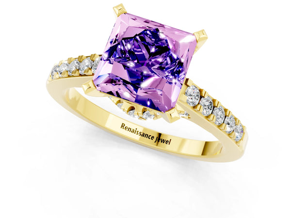 Yellow gold Princess Cut Tanzanite Solitaire Ring with Crossover Gallery and Round  Pavé Band