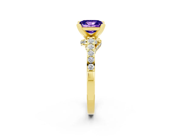 Yellow gold Princess Cut Tanzanite Solitaire Ring with Crossover Gallery and Round  Pavé Band