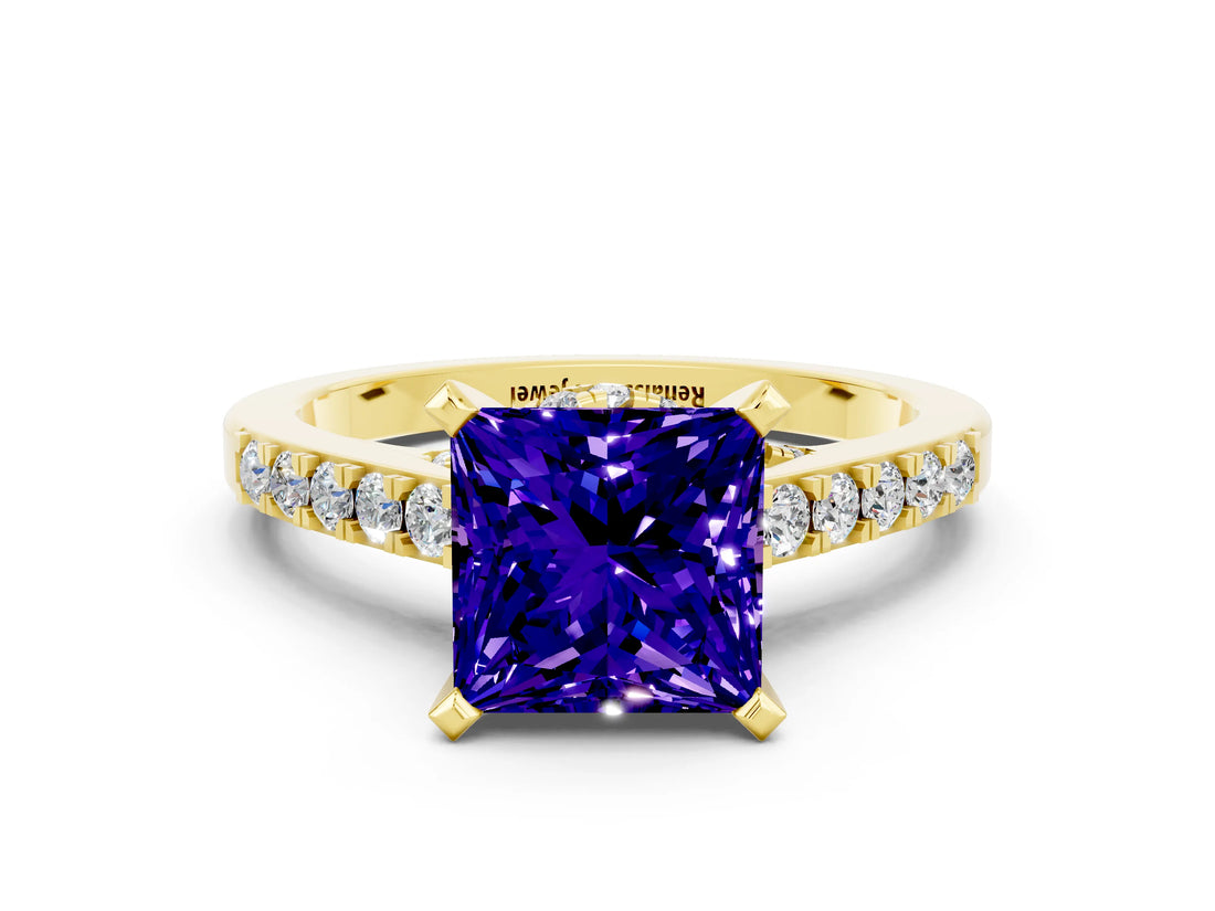 Yellow gold Princess Cut Tanzanite Solitaire Ring with Crossover Gallery and Round  Pavé Band_36