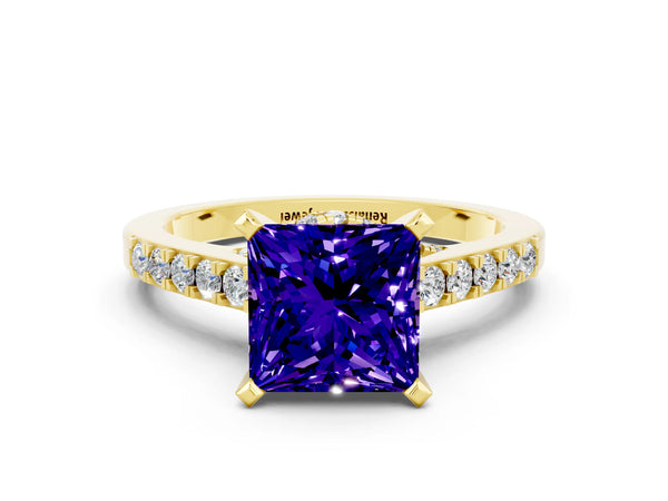 Yellow gold Princess Cut Tanzanite Solitaire Ring with Crossover Gallery and Round  Pavé Band