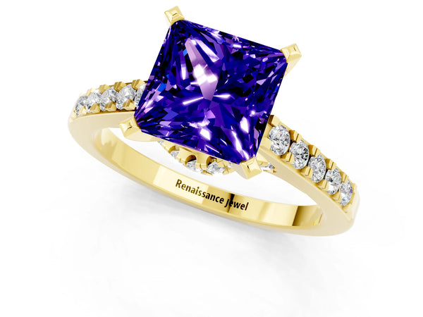 Yellow gold Princess Cut Tanzanite Solitaire Ring with Crossover Gallery and Round  Pavé Band