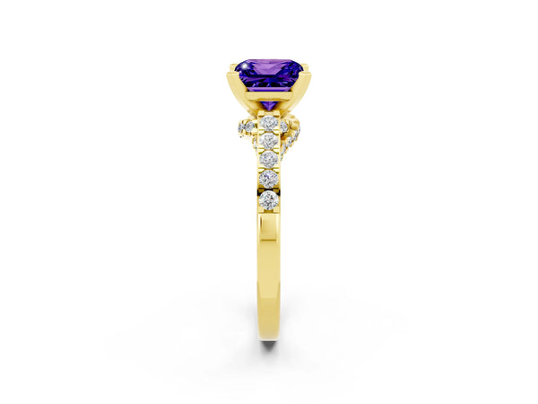 Yellow gold Princess Cut Tanzanite Solitaire Ring with Crossover Gallery and Round  Pavé Band