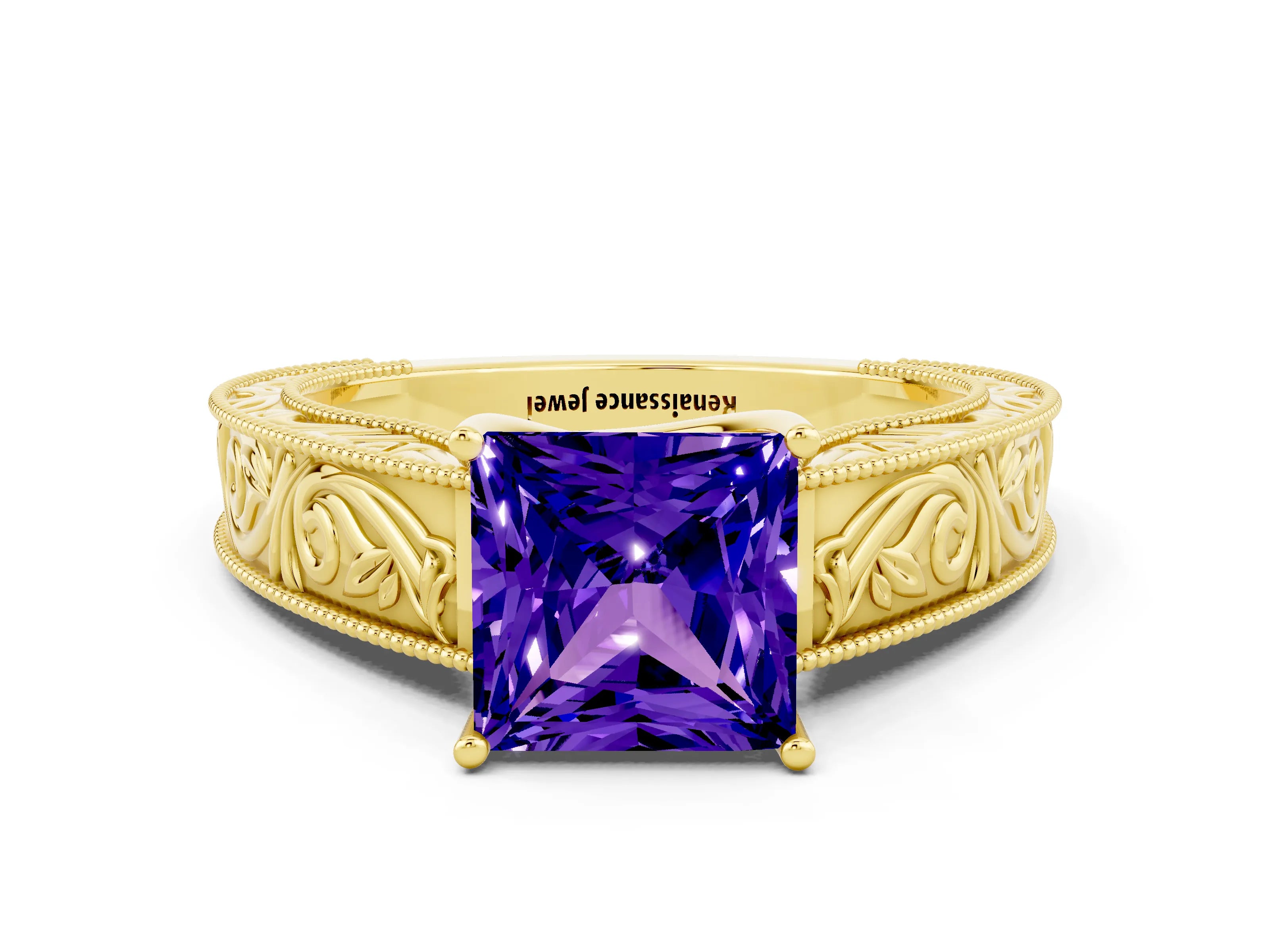 Yellow gold Princess Cut Tanzanite Solitaire Ring with Engraved Band and Four-Prong Setting