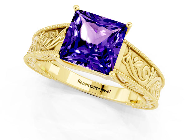 Yellow gold Princess Cut Tanzanite Solitaire Ring with Engraved Band and Four-Prong Setting